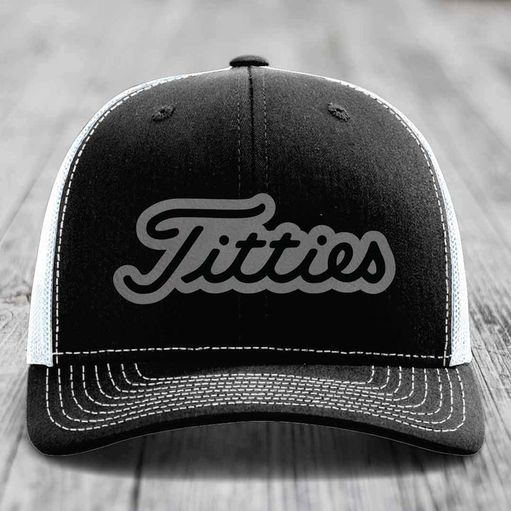 Titties - Leather Patch Hat - Grey to Black Patch - Richardson 112 Snapback Trucker Hat