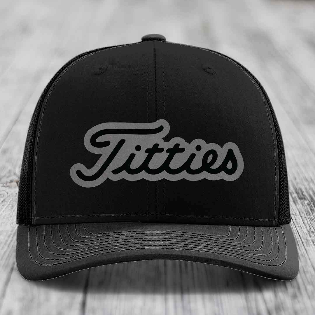 Titties - Leather Patch Hat - Grey to Black Patch - Richardson 112 Snapback Trucker Hat