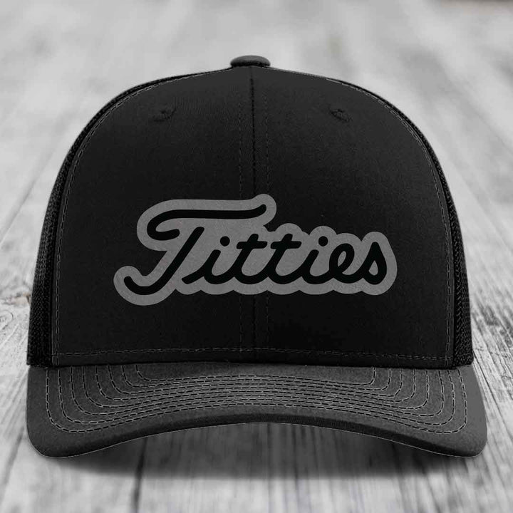 Titties - Leather Patch Hat - Grey to Black Patch - Richardson 112 Snapback Trucker Hat