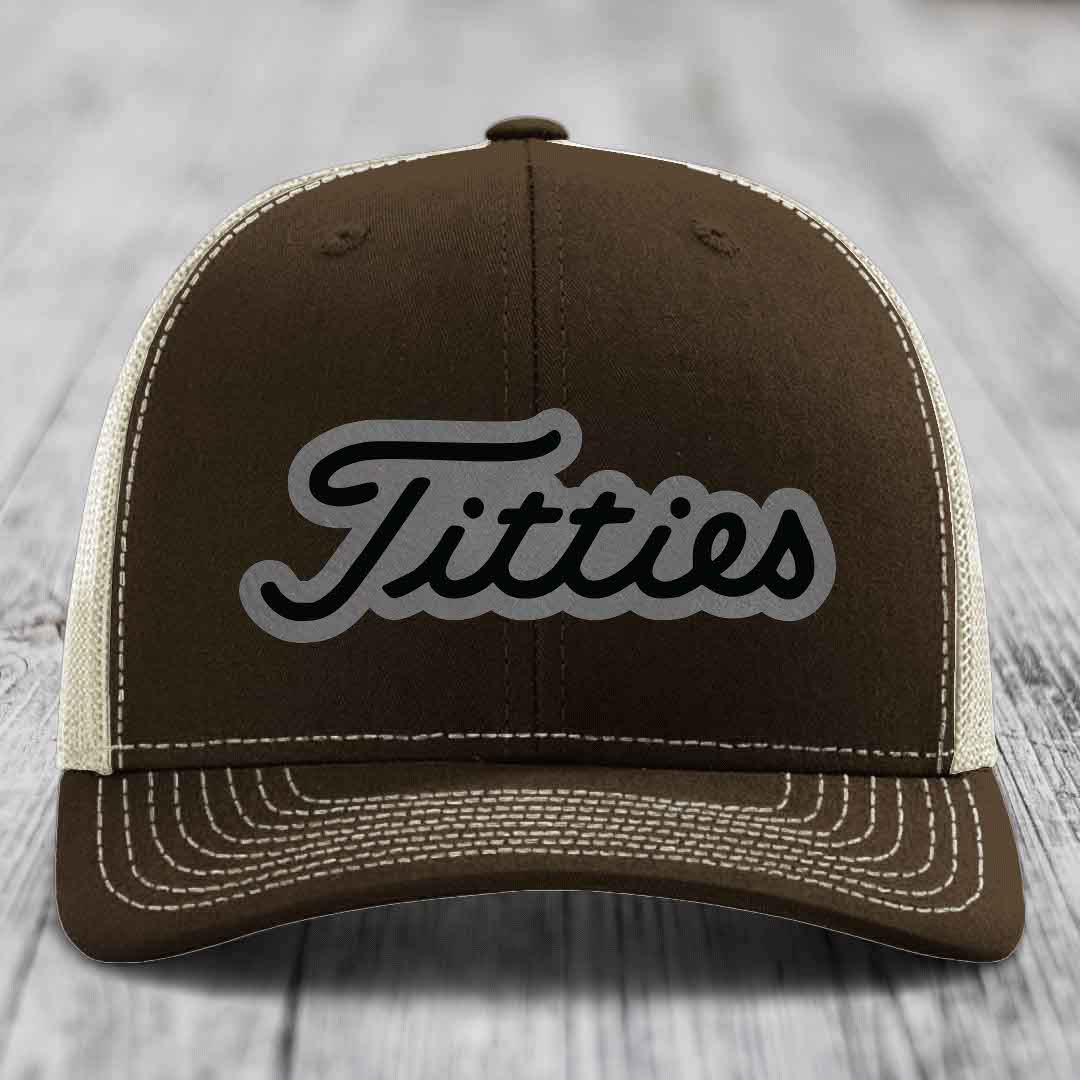 Titties - Leather Patch Hat - Grey to Black Patch - Richardson 112 Snapback Trucker Hat