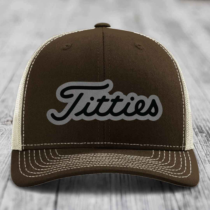Titties - Leather Patch Hat - Grey to Black Patch - Richardson 112 Snapback Trucker Hat