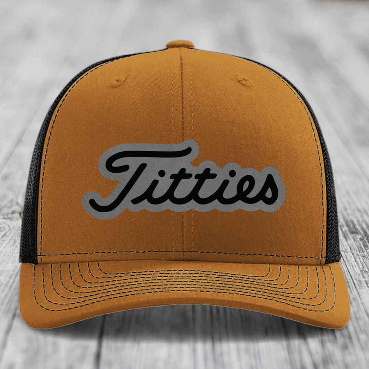 Titties - Leather Patch Hat - Grey to Black Patch - Richardson 112 Snapback Trucker Hat