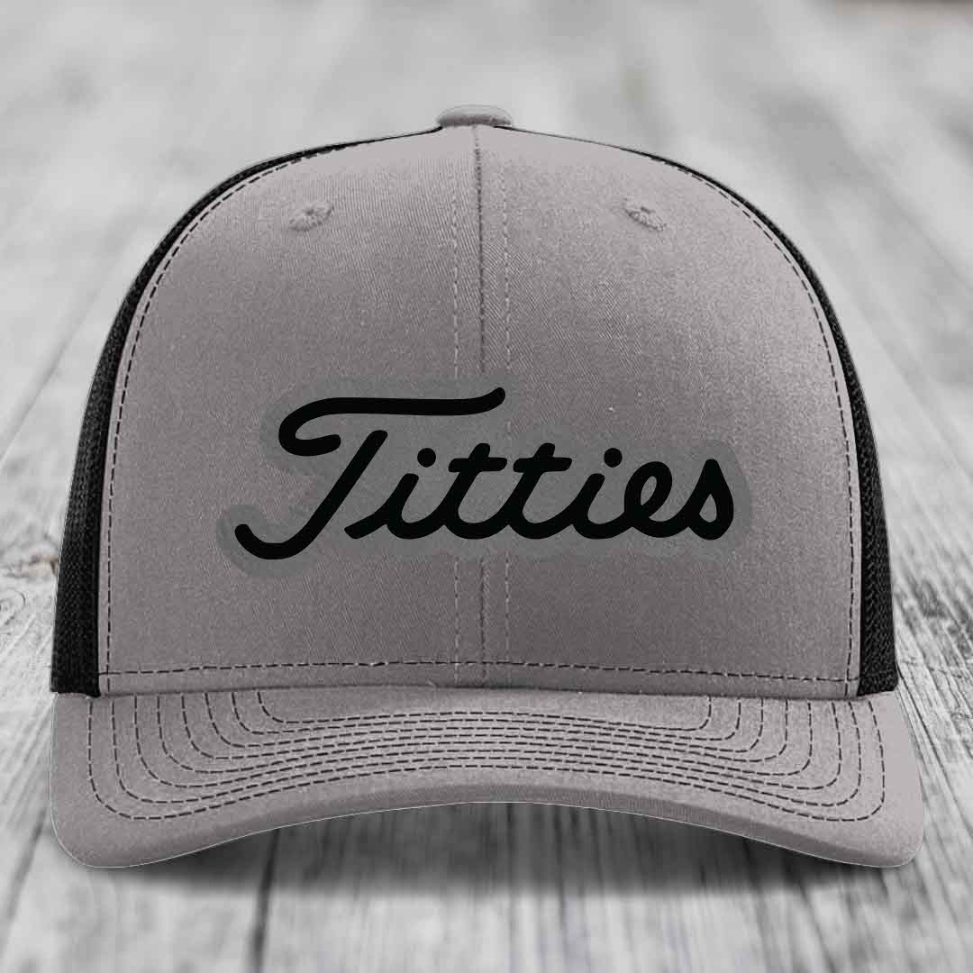 Titties - Leather Patch Hat - Grey to Black Patch - Richardson 112 Snapback Trucker Hat
