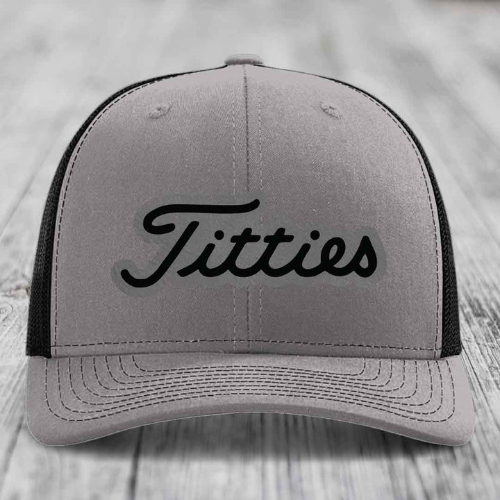 Titties - Leather Patch Hat - Grey to Black Patch - Richardson 112 Snapback Trucker Hat