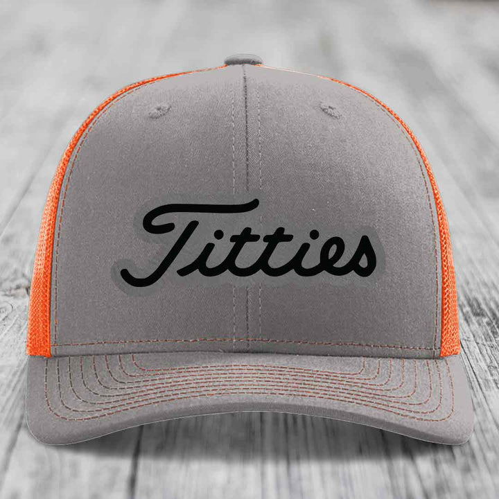 Titties - Leather Patch Hat - Grey to Black Patch - Richardson 112 Snapback Trucker Hat