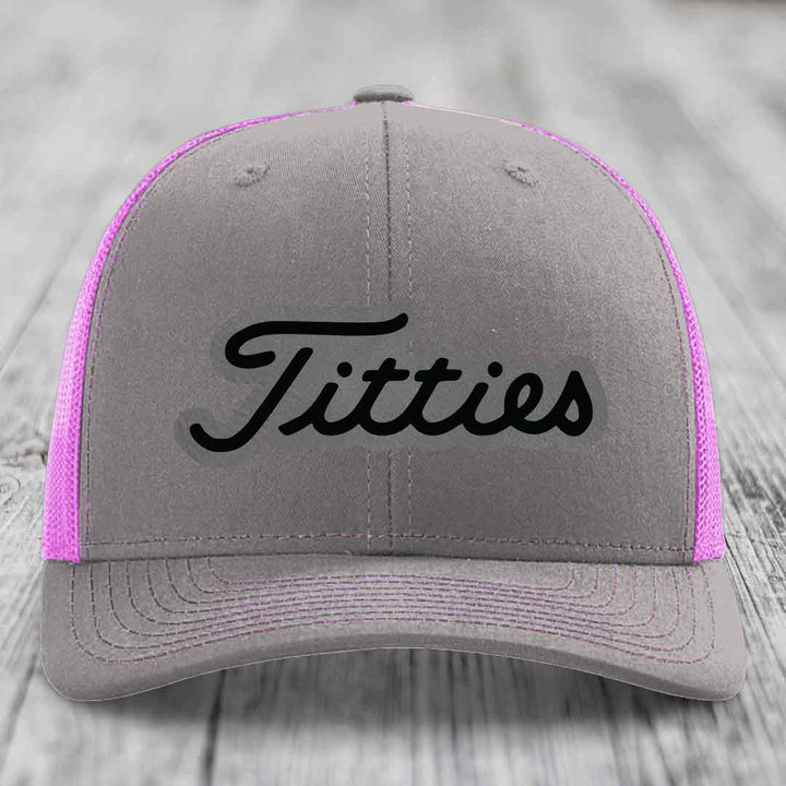 Titties - Leather Patch Hat - Grey to Black Patch - Richardson 112 Snapback Trucker Hat