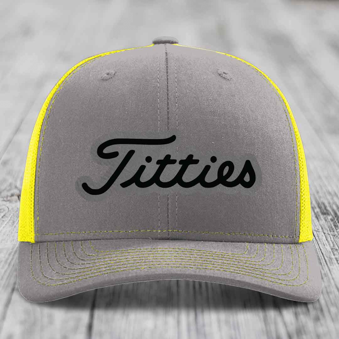Titties - Leather Patch Hat - Grey to Black Patch - Richardson 112 Snapback Trucker Hat