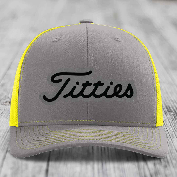 Titties - Leather Patch Hat - Grey to Black Patch - Richardson 112 Snapback Trucker Hat