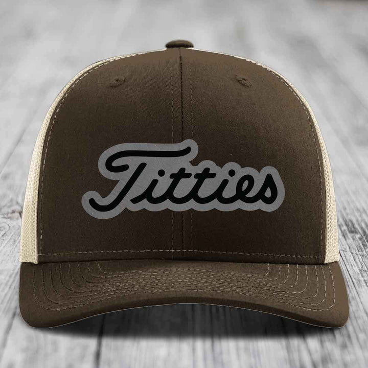 Titties - Leather Patch Hat - Grey to Black Patch - Richardson 112 Snapback Trucker Hat