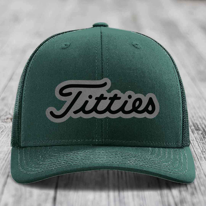 Titties - Leather Patch Hat - Grey to Black Patch - Richardson 112 Snapback Trucker Hat