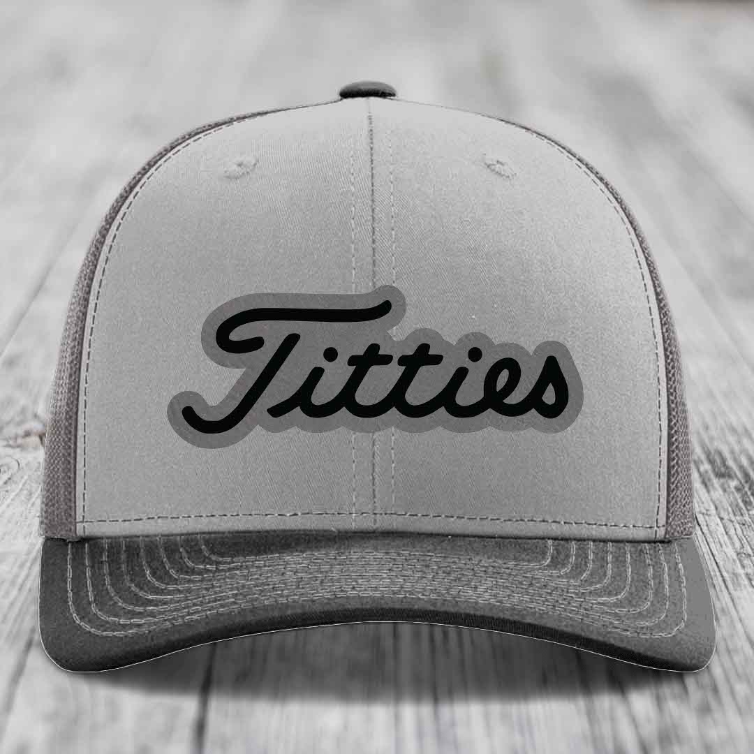Titties - Leather Patch Hat - Grey to Black Patch - Richardson 112 Snapback Trucker Hat