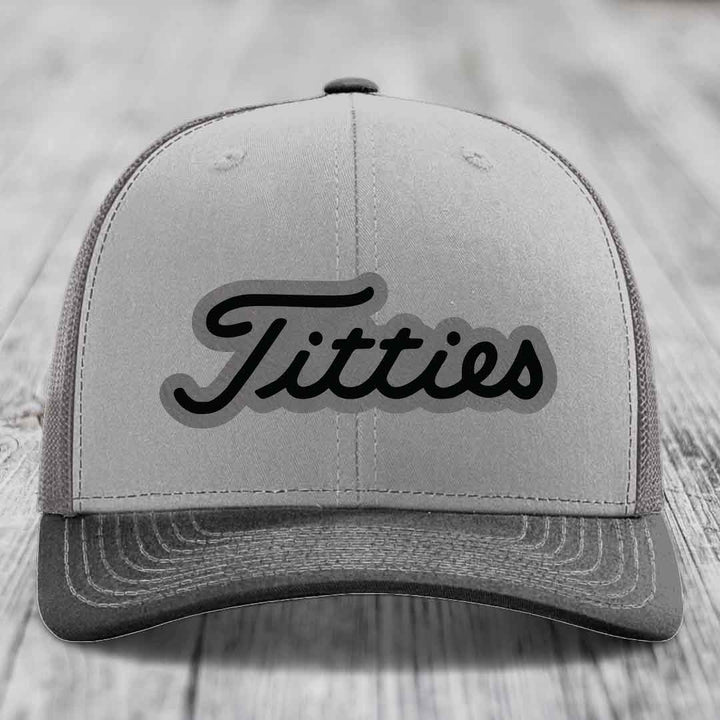 Titties - Leather Patch Hat - Grey to Black Patch - Richardson 112 Snapback Trucker Hat