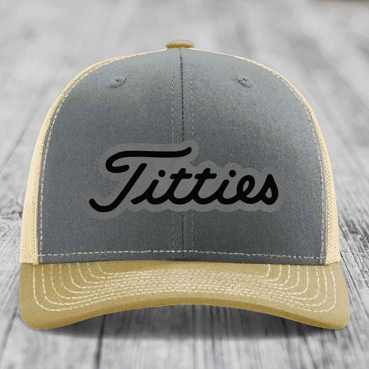 Titties - Leather Patch Hat - Grey to Black Patch - Richardson 112 Snapback Trucker Hat