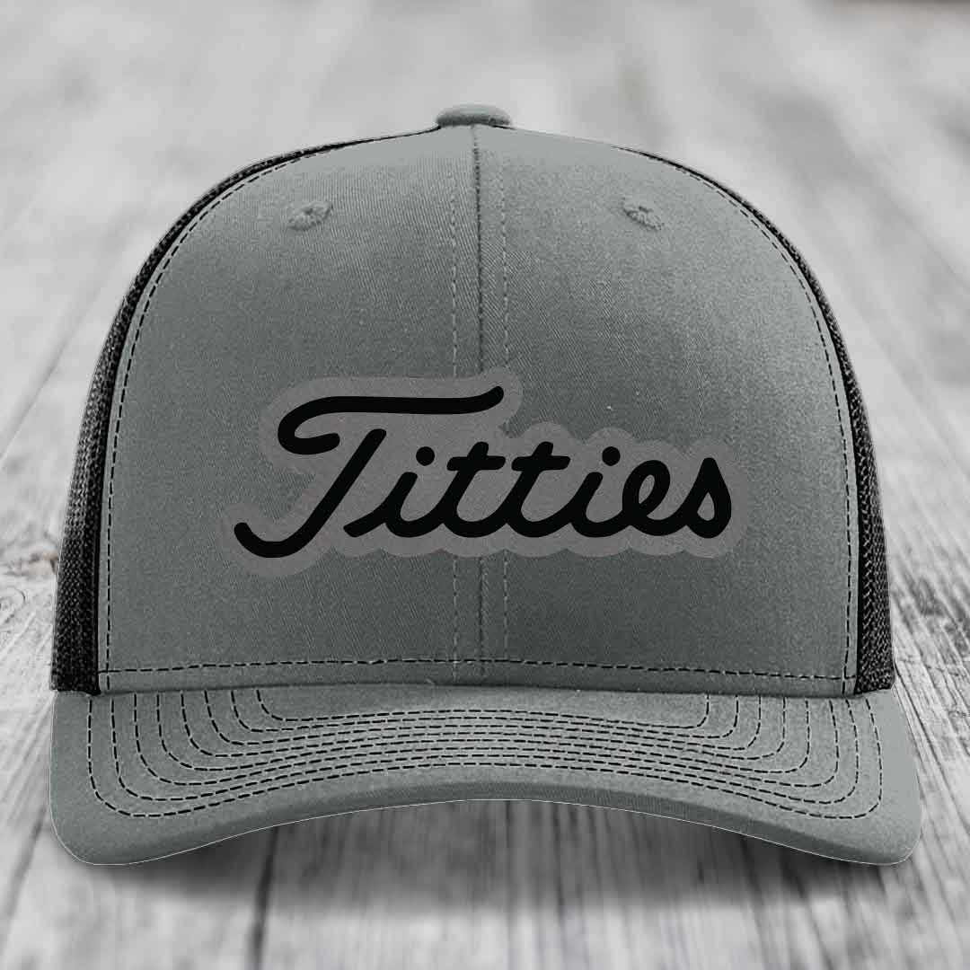 Titties - Leather Patch Hat - Grey to Black Patch - Richardson 112 Snapback Trucker Hat