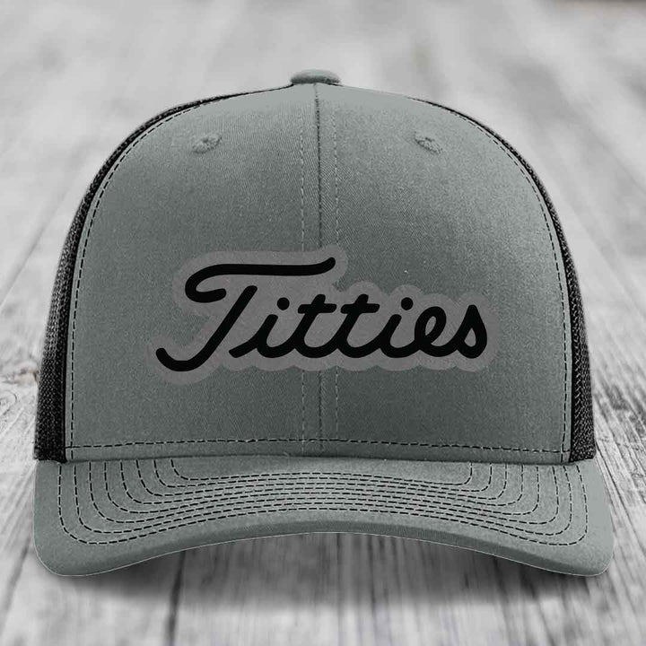 Titties - Leather Patch Hat - Grey to Black Patch - Richardson 112 Snapback Trucker Hat