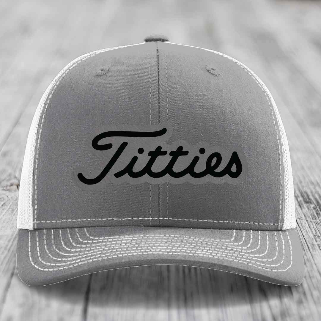 Titties - Leather Patch Hat - Grey to Black Patch - Richardson 112 Snapback Trucker Hat