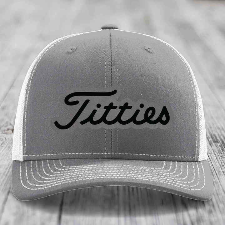 Titties - Leather Patch Hat - Grey to Black Patch - Richardson 112 Snapback Trucker Hat