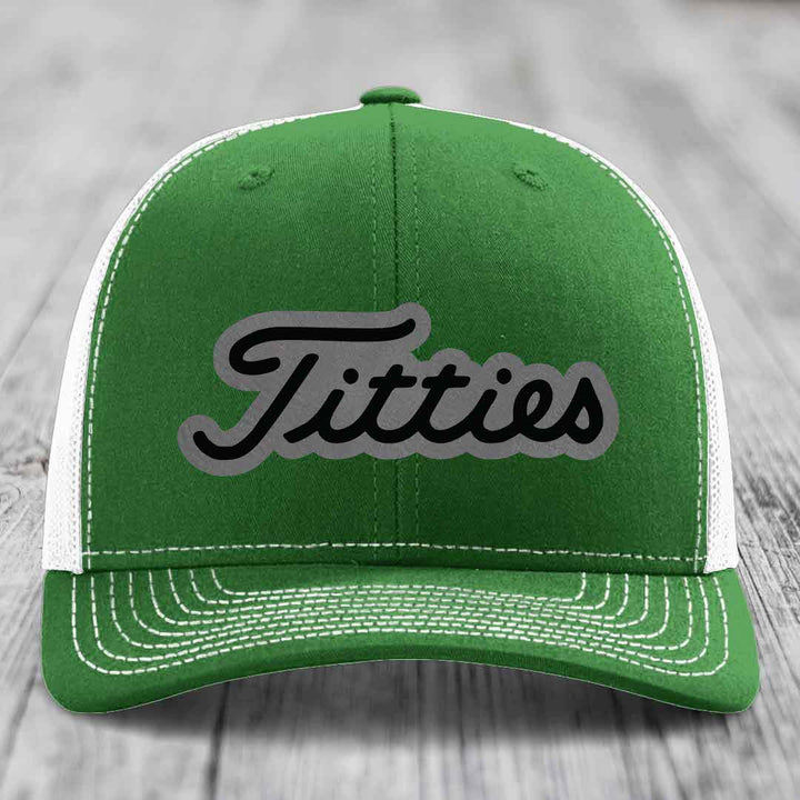 Titties - Leather Patch Hat - Grey to Black Patch - Richardson 112 Snapback Trucker Hat