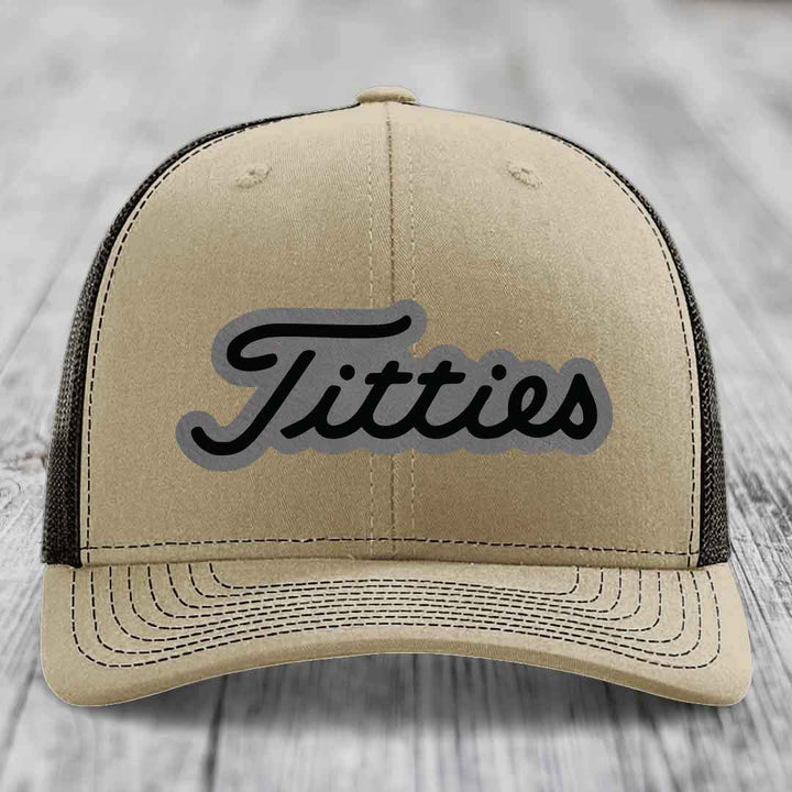 Titties - Leather Patch Hat - Grey to Black Patch - Richardson 112 Snapback Trucker Hat