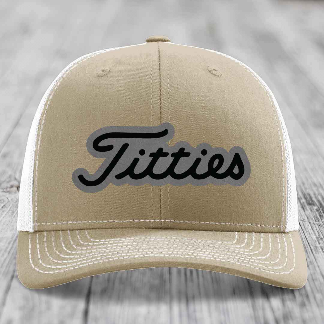 Titties - Leather Patch Hat - Grey to Black Patch - Richardson 112 Snapback Trucker Hat