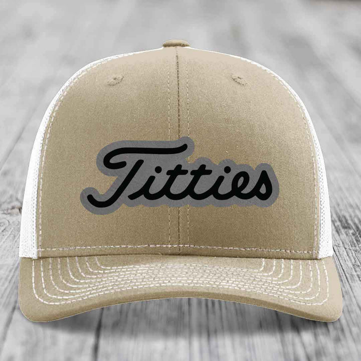 Titties - Leather Patch Hat - Grey to Black Patch - Richardson 112 Snapback Trucker Hat