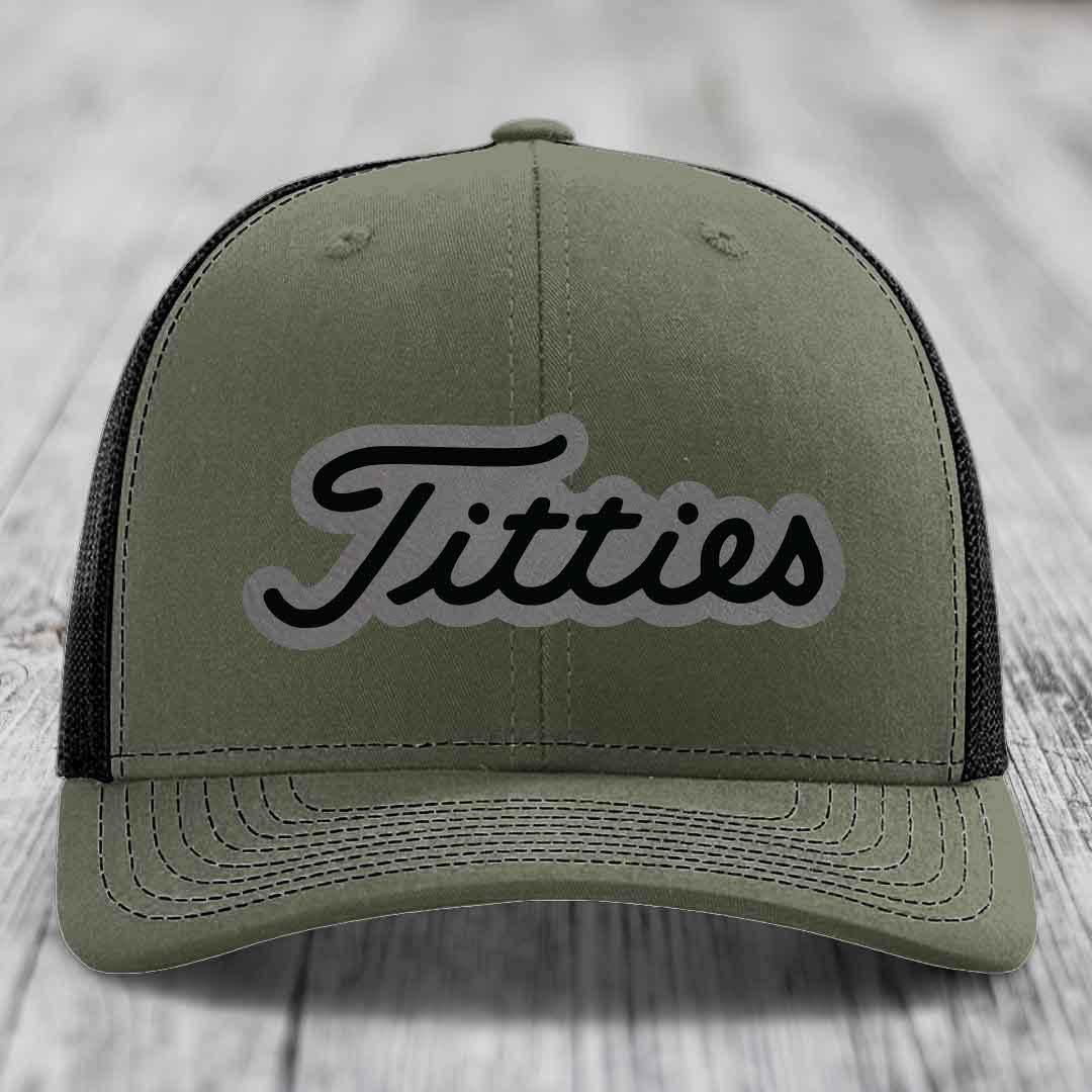 Titties - Leather Patch Hat - Grey to Black Patch - Richardson 112 Snapback Trucker Hat
