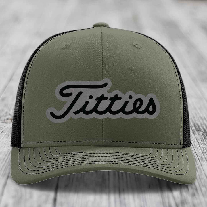 Titties - Leather Patch Hat - Grey to Black Patch - Richardson 112 Snapback Trucker Hat