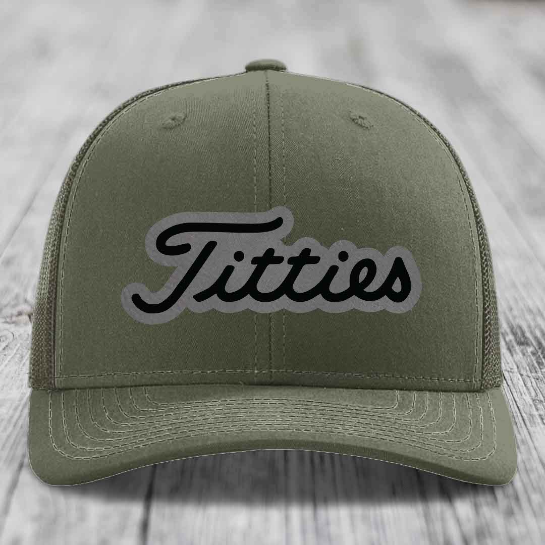 Titties - Leather Patch Hat - Grey to Black Patch - Richardson 112 Snapback Trucker Hat