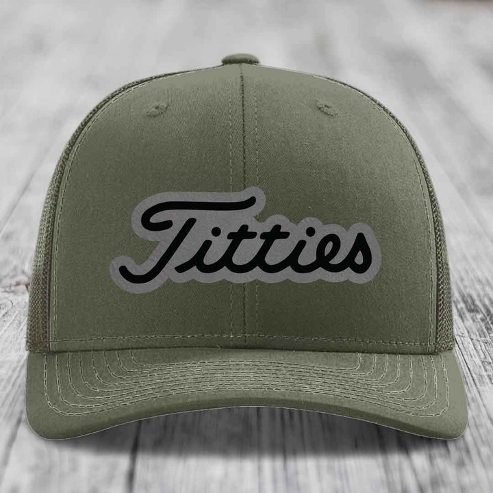 Titties - Leather Patch Hat - Grey to Black Patch - Richardson 112 Snapback Trucker Hat