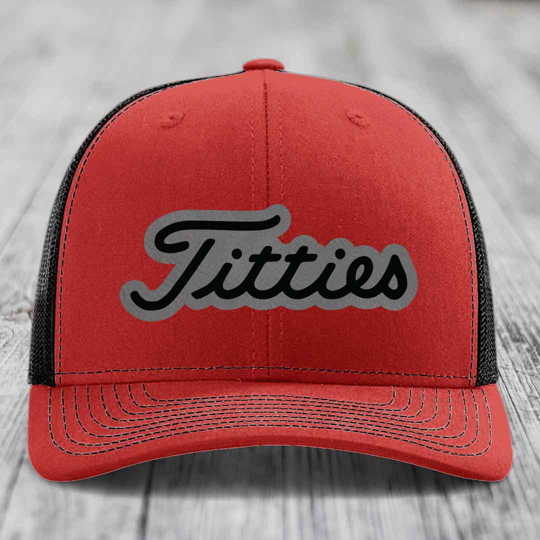 Titties - Leather Patch Hat - Grey to Black Patch - Richardson 112 Snapback Trucker Hat
