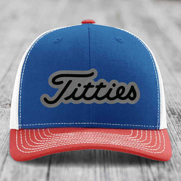 Titties - Leather Patch Hat - Grey to Black Patch - Richardson 112 Snapback Trucker Hat