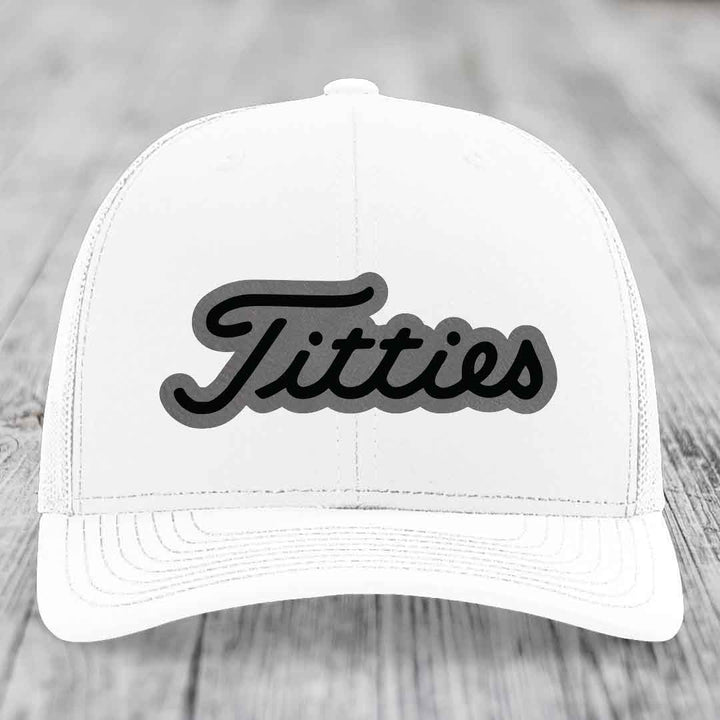 Titties - Leather Patch Hat - Grey to Black Patch - Richardson 112 Snapback Trucker Hat