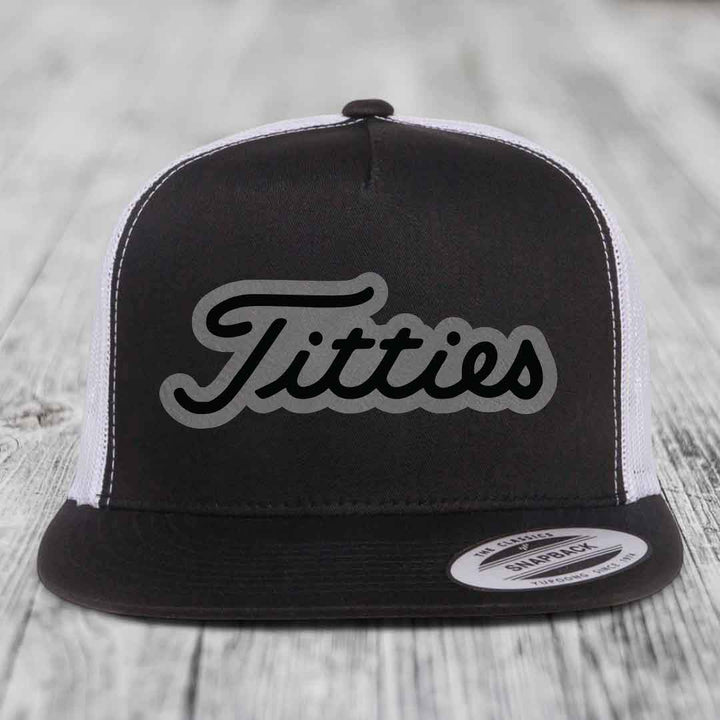 Titties - Leather Patch Hat - Grey to Black Patch - Yupoong 6006 Snapback Flatbill Hat