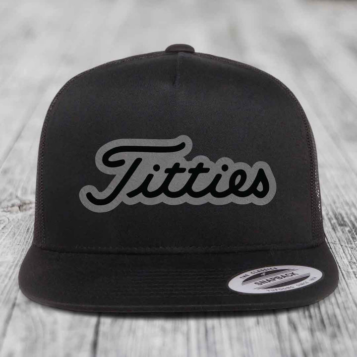 Titties - Leather Patch Hat - Grey to Black Patch - Yupoong 6006 Snapback Flatbill Hat