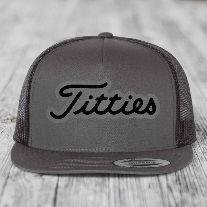 Titties - Leather Patch Hat - Grey to Black Patch - Yupoong 6006 Snapback Flatbill Hat