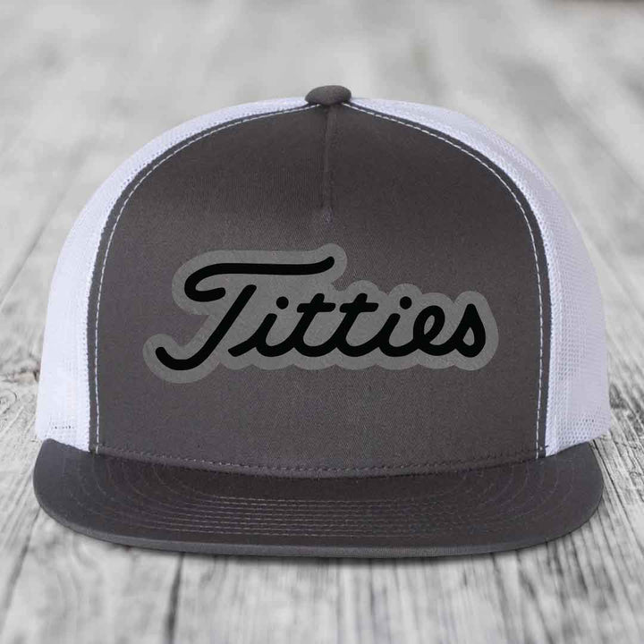 Titties - Leather Patch Hat - Grey to Black Patch - Yupoong 6006 Snapback Flatbill Hat