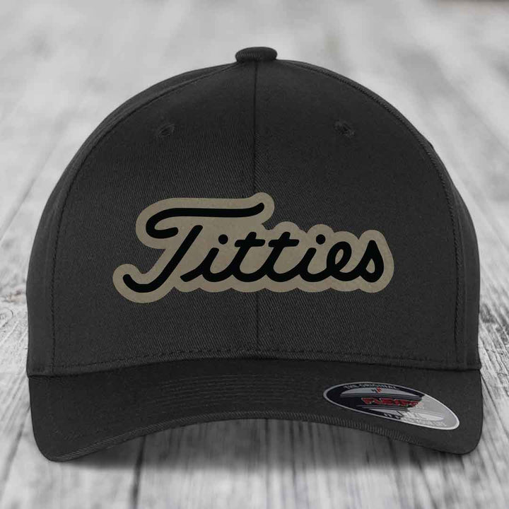 Titties - Leather Patch Hat - Light Brown to Black Patch - Flexfit 6277 Fitted Hat
