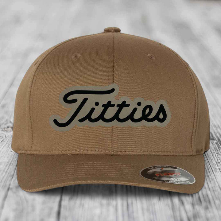 Titties - Leather Patch Hat - Light Brown to Black Patch - Flexfit 6277 Fitted Hat