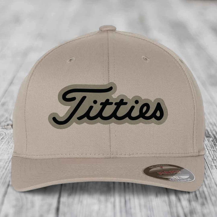 Titties - Leather Patch Hat - Light Brown to Black Patch - Flexfit 6277 Fitted Hat