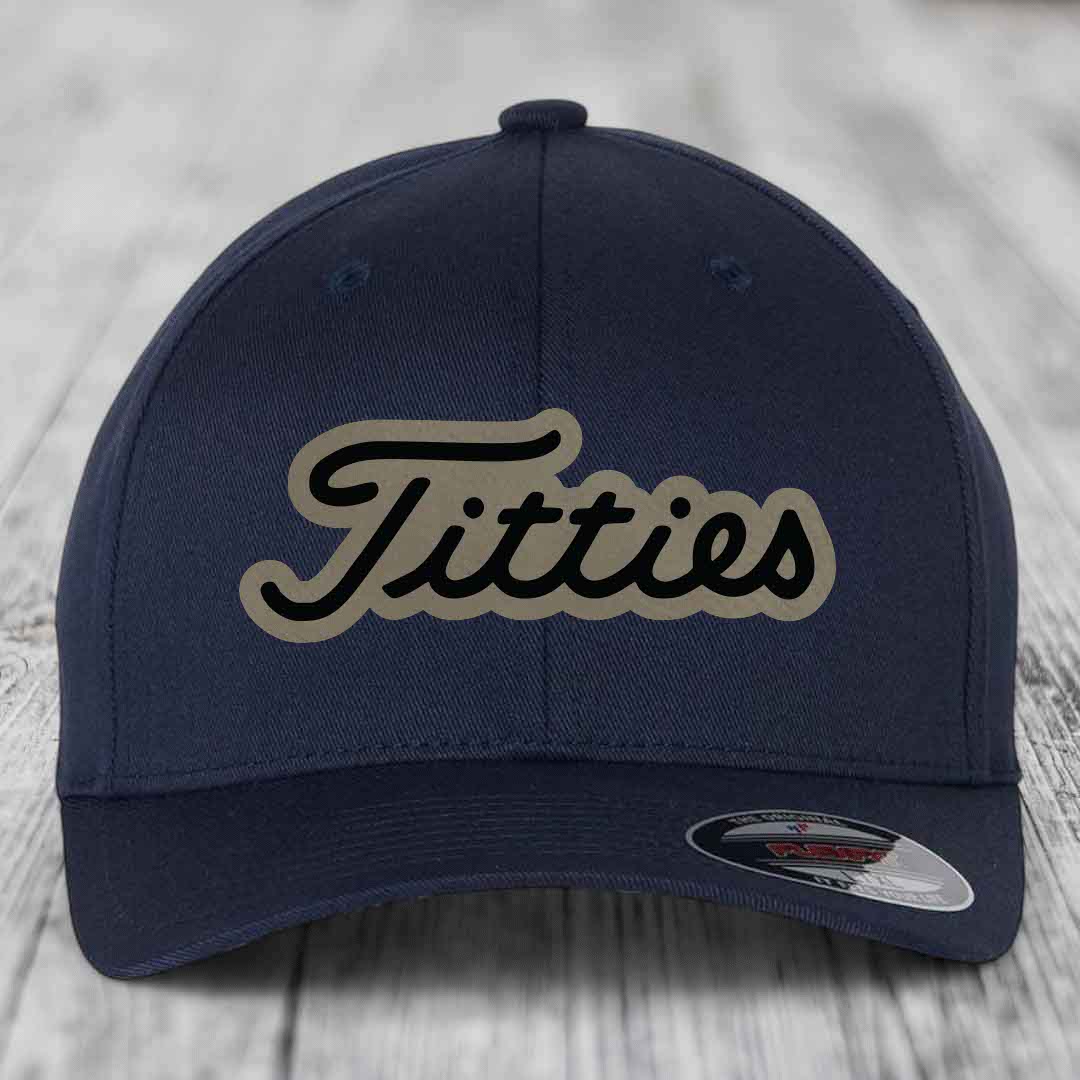 Titties - Leather Patch Hat - Light Brown to Black Patch - Flexfit 6277 Fitted Hat