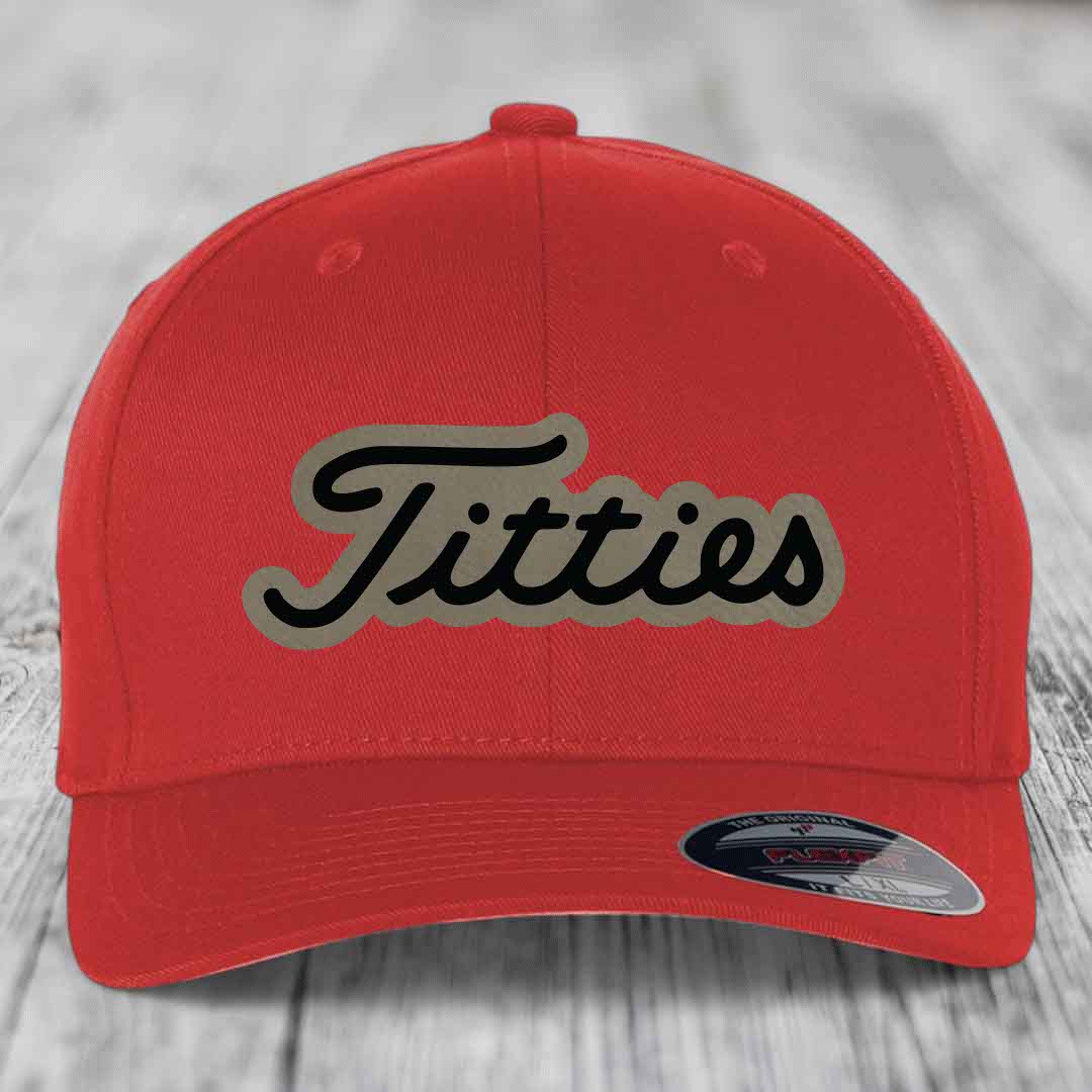 Titties - Leather Patch Hat - Light Brown to Black Patch - Flexfit 6277 Fitted Hat