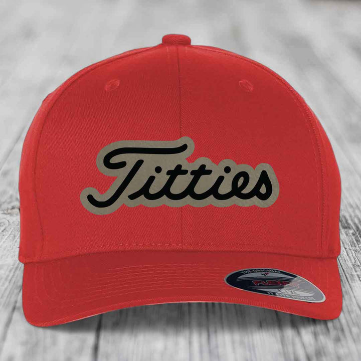 Titties - Leather Patch Hat - Light Brown to Black Patch - Flexfit 6277 Fitted Hat