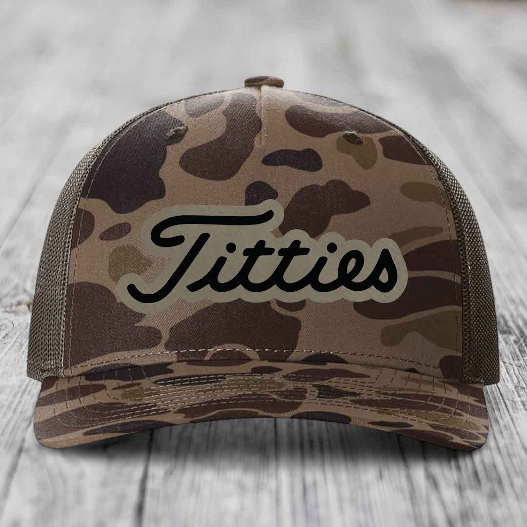 Titties - Leather Patch Hat - Light Brown to Black Patch - Richardson 112PFP Snapback Trucker Hat