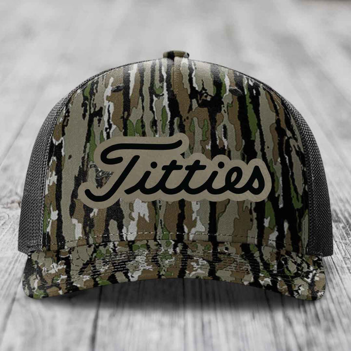 Titties - Leather Patch Hat - Light Brown to Black Patch - Richardson 112PFP Snapback Trucker Hat