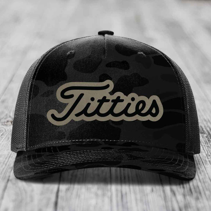 Titties - Leather Patch Hat - Light Brown to Black Patch - Richardson 112PFP Snapback Trucker Hat