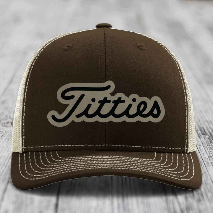 Titties - Leather Patch Hat - Light Brown to Black Patch - Richardson 112 Snapback Trucker Hat