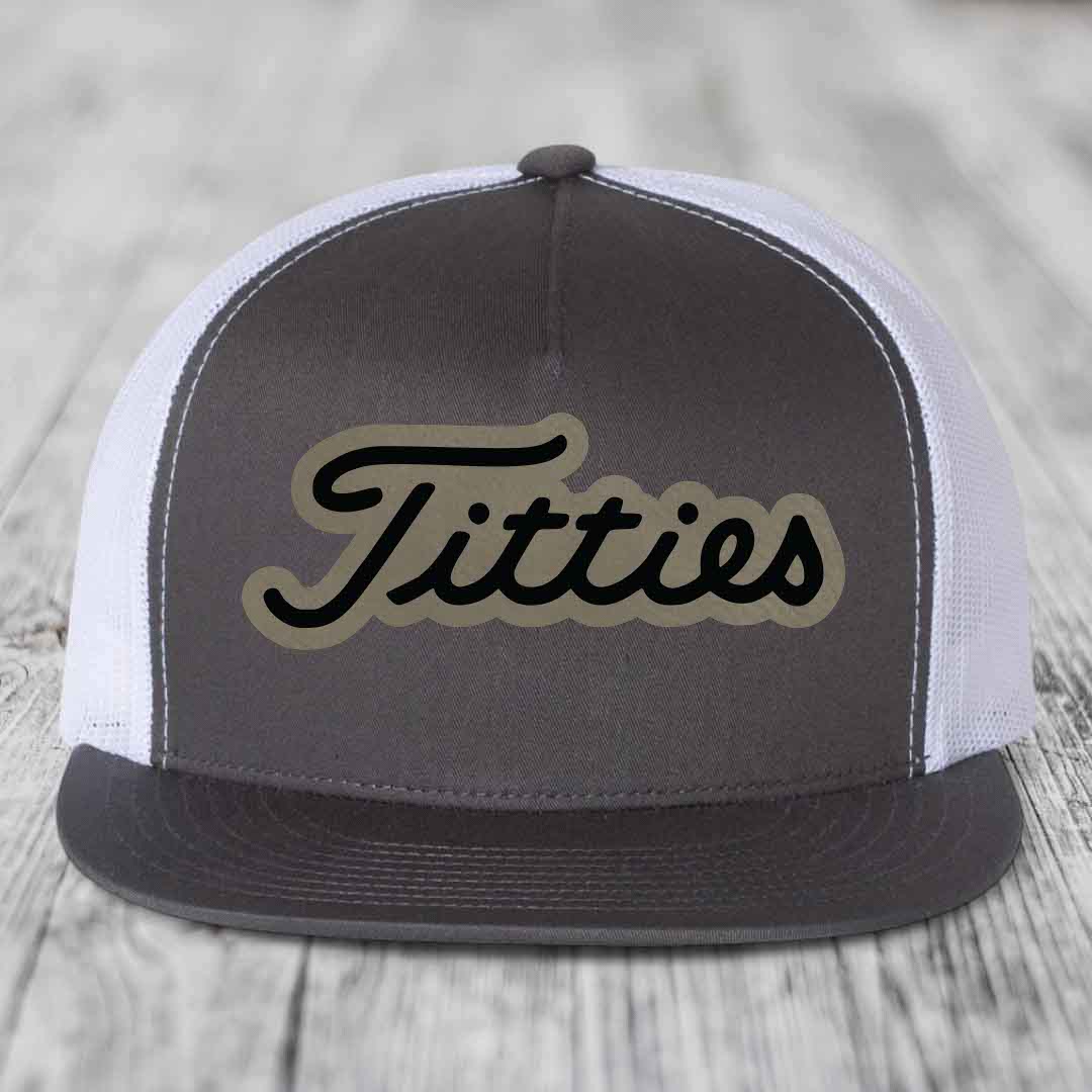 Titties - Leather Patch Hat - Light Brown to Black Patch - Yupoong 6006 Snapback Flatbill Hat