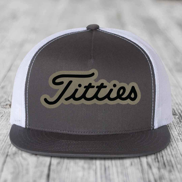 Titties - Leather Patch Hat - Light Brown to Black Patch - Yupoong 6006 Snapback Flatbill Hat