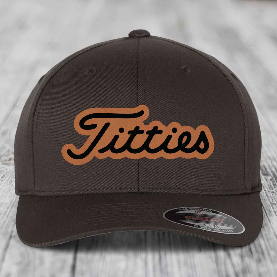 Titties - Leather Patch Hat - Rawhide to Black Patch - Flexfit 6277 Fitted Hat