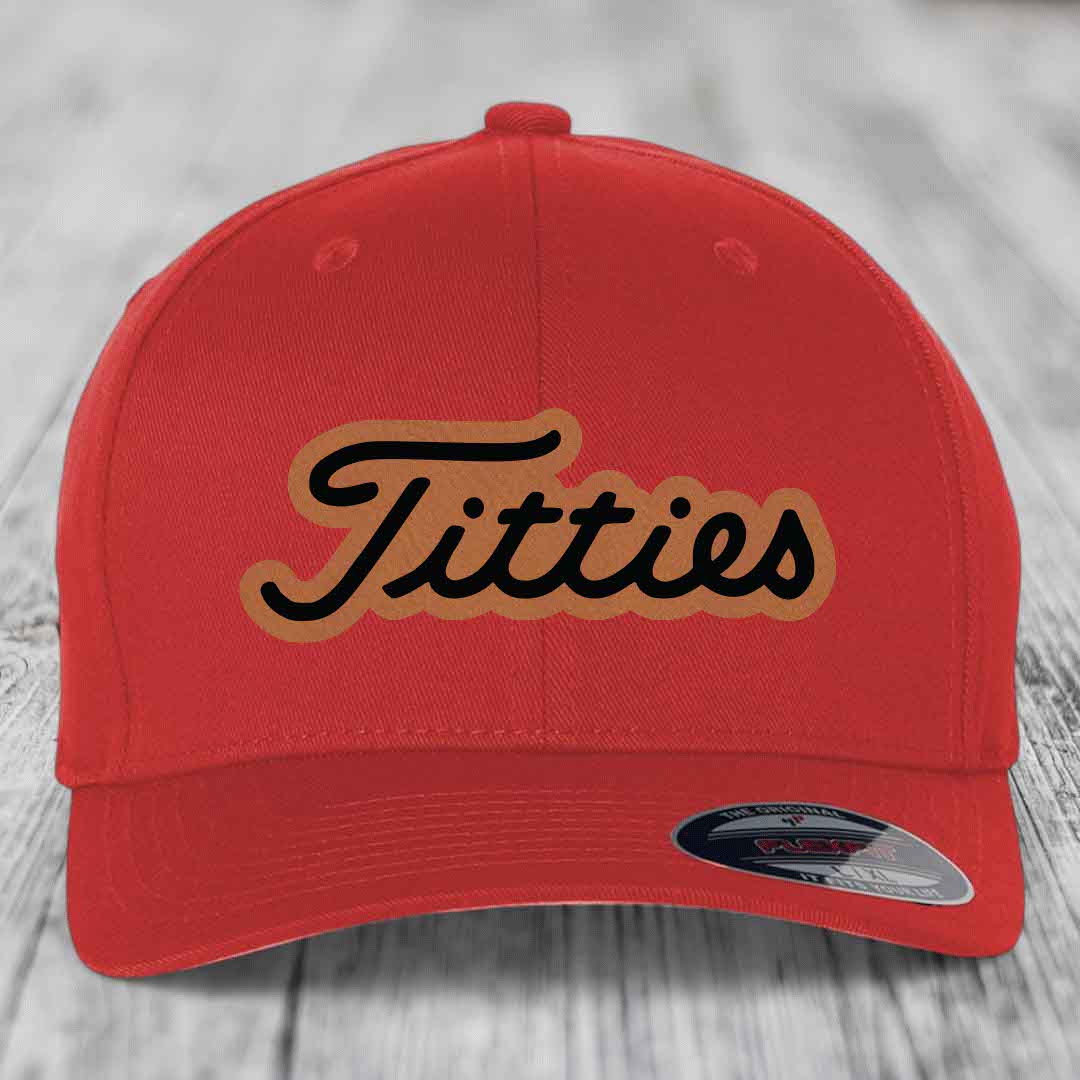 Titties - Leather Patch Hat - Rawhide to Black Patch - Flexfit 6277 Fitted Hat